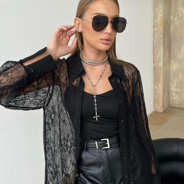 Summer Popular Breathable Pierced Black Sexy Collared Long Sleeve Lace Shirt Russian Classic Jacquard Shirt for Women-Fancey Boutique