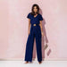 Women Clothing Solid Color V neck Tight Waist Short Sleeve Casual Trousers Jumpsuit-Navy Blue-Fancey Boutique