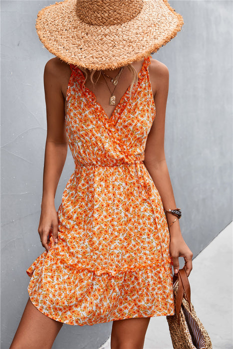 Spring Summer V-neck Lace-up Ruffled Floral Strap Dress-White Orange-Fancey Boutique