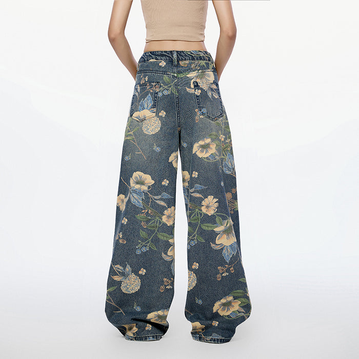 Women Same High Street Floral Wide Leg Jeans Printed Loose Fitting Nine One Mouth Two Leg Mop Pants-Fancey Boutique