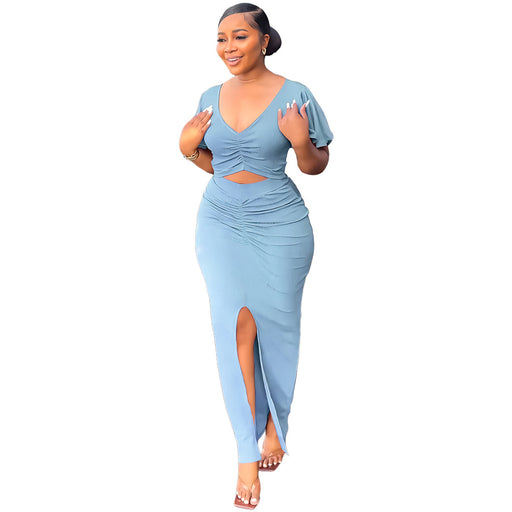 Color-Blue-Ruffle Sleeve Cropped V neck Top Split Sheath Dress Summer Two Piece Set-Fancey Boutique