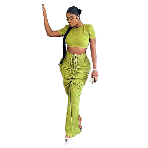 Color-Green-Women Suit Tight Shirred Skirt Sexy Women Clothing Short Sleeve Pleated Cropped Outfit Long Skirt Set-Fancey Boutique