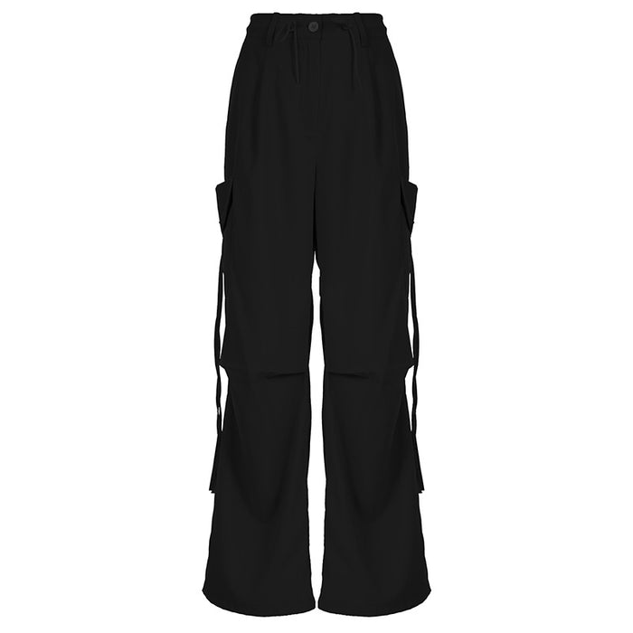 Street Three Dimensional Large Pocket Ribbon Design Loose Lace up Overalls Sexy Casual Slimming Wide Leg Pants-Black-Fancey Boutique