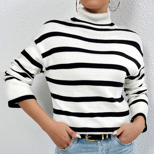 Color-White Striped Sweater-Contrast Color Striped Sweater Women Fall Winter Slim Inner Knitted Top High Collar Bottoming Sweater-Fancey Boutique