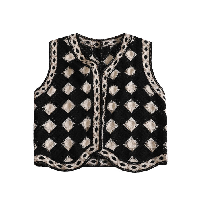 Color-Black-Autumn Fashionable Cardigan Chessboard Plaid V neck Knitted Thin Vest Vest Coat Women-Fancey Boutique