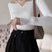Color-White-Petal Collar Short Sweater for Women Autumn Slim Fit Collarbone Bottoming Shirt-Fancey Boutique