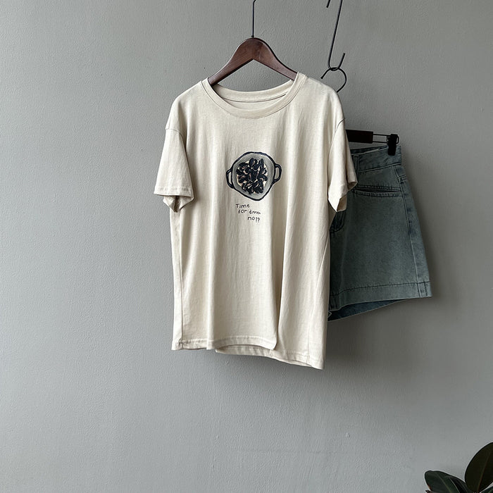 Graffiti Printing T Shirt Women Summer Thin Short Sleeve Design Hem Slit Loose Top-Apricot-Fancey Boutique
