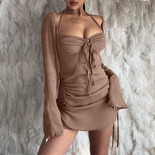 Lace-up Sexy Women Spring Summer New Solid Color Hollow-out Halter Tube Top Dress for Women-chocolate-Fancey Boutique