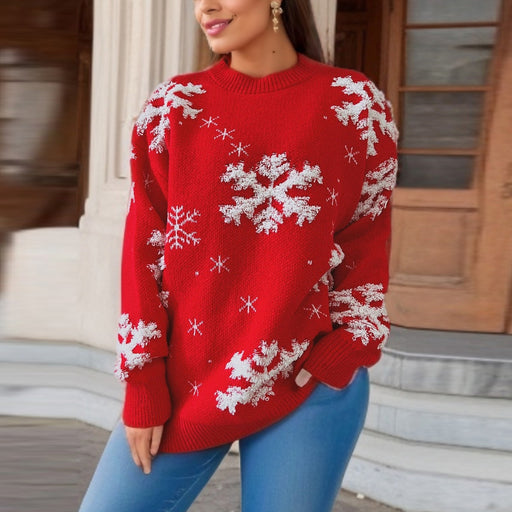 Color-Red-Red Christmas Sweater Women Snowflake Towel Embroidery Round Neck Long Sleeve Christmas Theme Pullover-Fancey Boutique