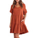 Color-Brown-Women Summer Casual V Neck Little Girl Clothes Three Layer Pleated Dress-Fancey Boutique
