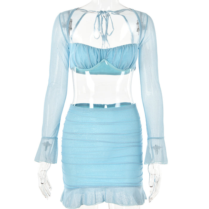 Color-Blue-Spring Summer Sexy Square Neck Bell Sleeve Backless Stitching Hip Skirt Set-Fancey Boutique
