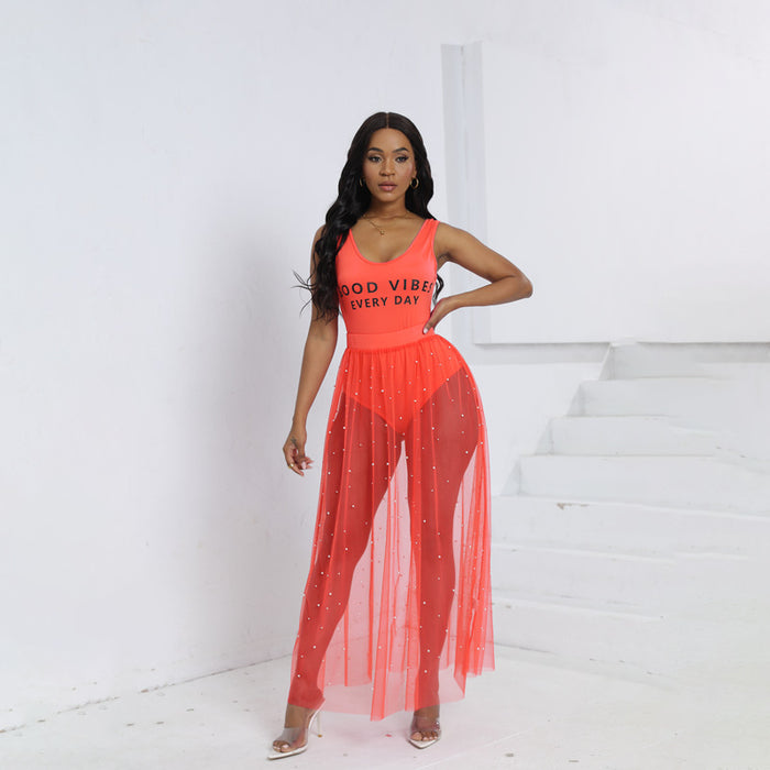 Summer Sexy Jumpsuit Beach Dress Two Piece Suit Handmade Beaded Transparent Mesh Skirt Set-Orange-Fancey Boutique