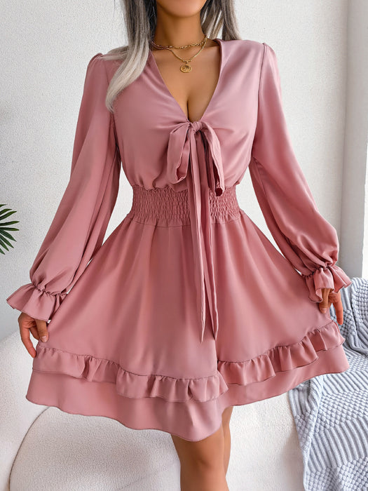 Spring Summer Casual Lace up Waist Tight Wooden Ear Swing Dress Women Clothing-Pink-Fancey Boutique