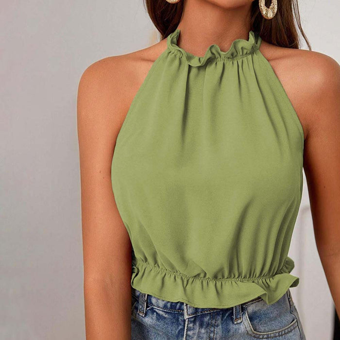 Fresh Air Halter Sleeveless T shirt Summer Pleated Short Solid Color Slim Fit Top-Green-Fancey Boutique