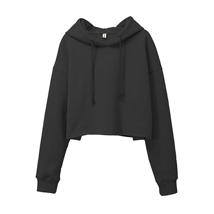 Color-Black-Sports Loose Cropped Hoodie Women Autumn Winter Fleece-lined Solid Color Minimalist Long Sleeve Top-Fancey Boutique