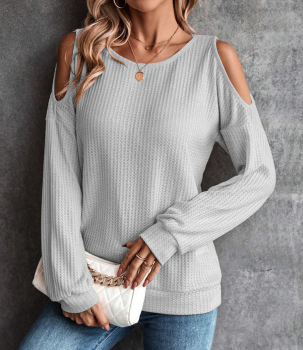 Color-Light Gray-Autumn Winter Off The Shoulder Button Loose Long Sleeved T Shirt Top Women-Fancey Boutique