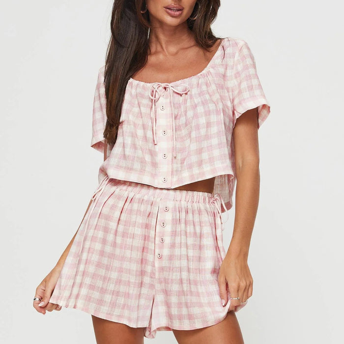 Summer Short Sleeve Pink Plaid Bow Lace up Top Shorts Sweet Casual Set-Pink-Fancey Boutique