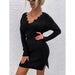 Color-Black-Autumn Winter Wave Pattern V neck Split Sweater Dress Women-Fancey Boutique