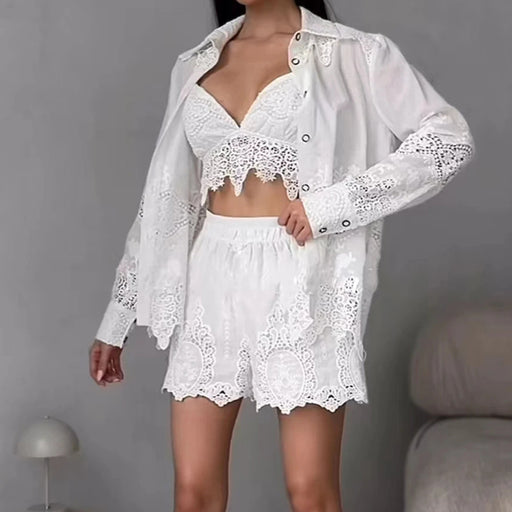 Casual Suit Summer Affordable Luxury Collared Embroidery Hollow Out Cutout Shirt Shorts Two Piece Women Clothing-White-Fancey Boutique