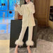 Color-White-Spring Autumn Internet Ostrich Feather Stitching Two Piece Set Elegant Dress Women Rain Pants-Fancey Boutique