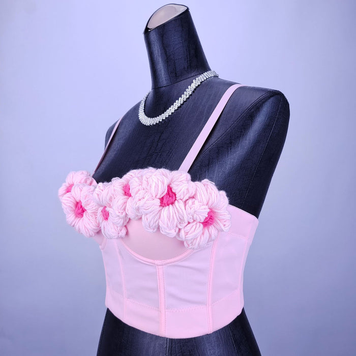 Pink Sweet Girl Knitted Outer Bra Crocheted Floral Inner Wear with Coaster Boning Corset Bra Bra Small Sling-Fancey Boutique