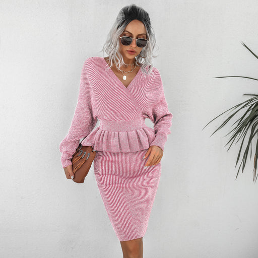 Color-Pink-Women Clothing Autumn Winter Casual Ruffled Knitted Sweater Dress Two Piece Set-Fancey Boutique