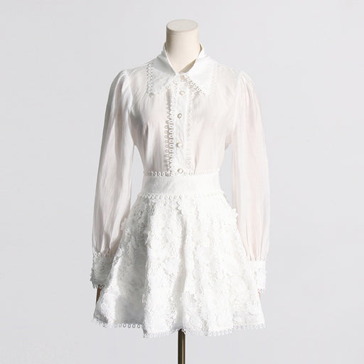 Color-Korean Gentle Elegant Spring Single Breasted Shirt Fimbrilla Edge Skirt Set-Fancey Boutique