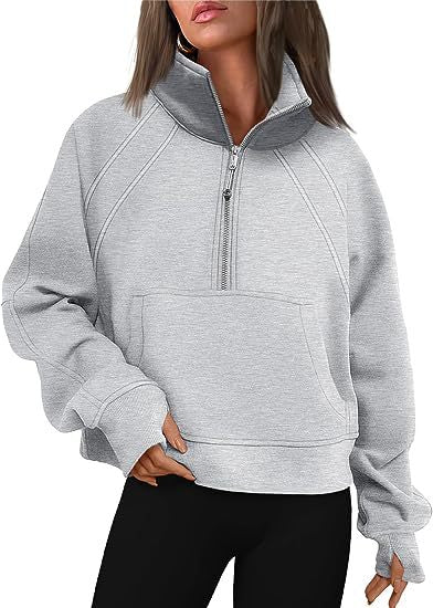 Color-Light Gray-Women Clothing Half Zipper Short Stand Collar Thumb Hole Brushed Hoody-Fancey Boutique