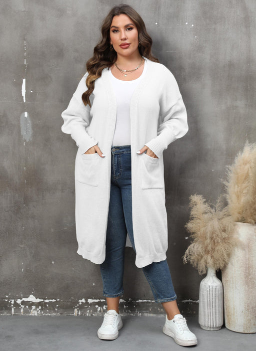 Color-White-Women Coat plus Size Women Clothes Loose Mid Length Woven Sweater Double Pocket Lantern Sleeve Sweater Cardigan-Fancey Boutique