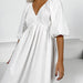 Early Autumn Cotton Solid Color Maxi Dress V neck Half Sleeve Hollow Out Cutout Backless Casual Dress-Fancey Boutique