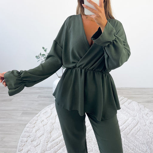 Color-blackish green-Autumn Casual Set V neck Long Sleeve Waist Tight Pullover High Waist Cropped Pants Two Piece Set-Fancey Boutique