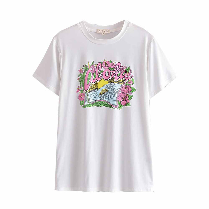 Color-White-Casual Retro Slimming Sunflower Printed T-shirt Short Sleeve Top Spring Women Clothing-Fancey Boutique