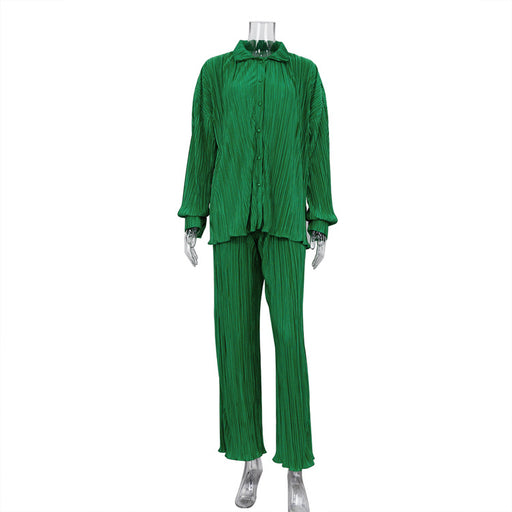 Women Clothing Long Sleeve Loose Fitting Pleated Wide Leg Pants Two Piece Set Autumn Sexy Retro Design Casual Suit-Green-Fancey Boutique