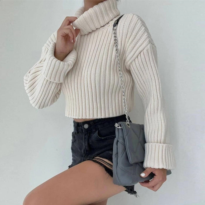 Color-White-Autumn Winter Solid Color Thread Knitted Pullover High Collar Short Section Bottoming Shirt Sweater Women-Fancey Boutique