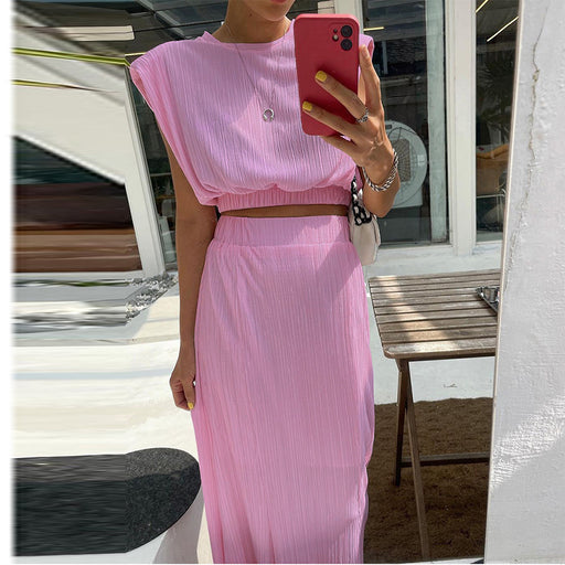 Color-Pink-Summer Padded Shoulder Vest Skirt Set Skirt Casual Pleated Two Piece Set Women-Fancey Boutique