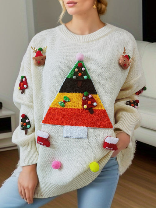 Color-White-Sweater Christmas Tree Jacquard Three Dimensional Decoration Sweaters Women Clothing Knitwear-Fancey Boutique