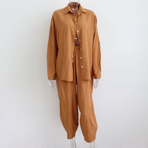 Color-camel-Spring Casual Set Solid Color Polo Collar Long Sleeve Shirt Top Harem Pants Two Piece Set-Fancey Boutique