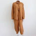 Color-camel-Spring Casual Set Solid Color Polo Collar Long Sleeve Shirt Top Harem Pants Two Piece Set-Fancey Boutique