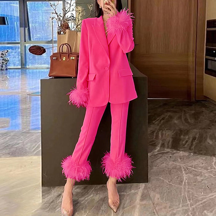 Color-Coral Red-Spring Autumn Internet Ostrich Feather Stitching Two Piece Set Elegant Dress Women Rain Pants-Fancey Boutique