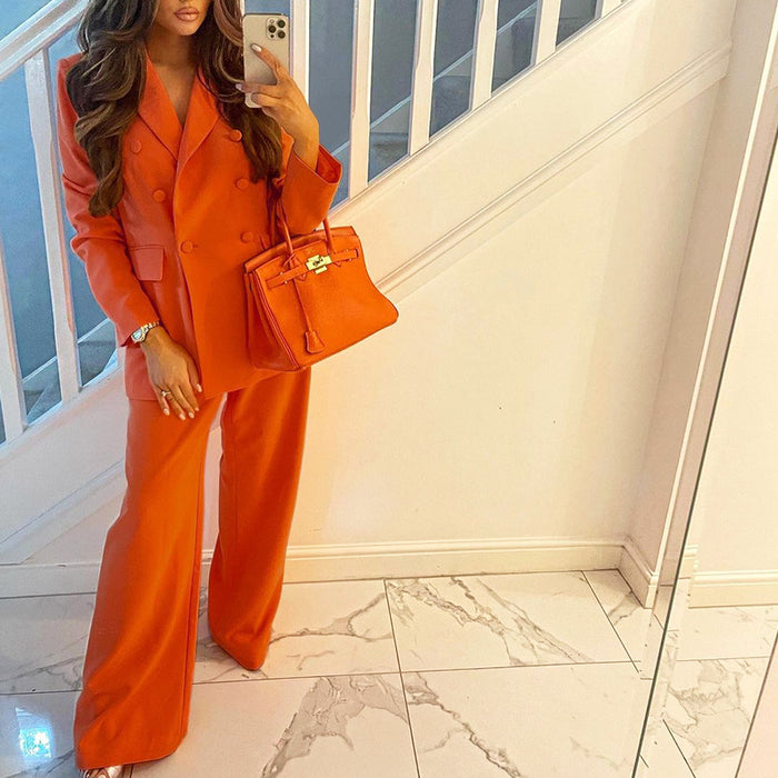 Color-Orange-Autumn Winter Solid Color Blazer Casual Wide Leg Pants Suit-Fancey Boutique