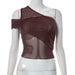 Color-Brown-Sexy Pure Diagonal Collar One Shoulder Solid Color Mesh Top Women Irregular Asymmetric Design Summer-Fancey Boutique