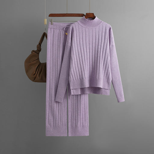 Color-Lavender-Women Clothing Autumn Winter Sunken Stripe Mock Neck Sweater Suit Solid Color Loose Warm Pullover Two Piece Set-Fancey Boutique