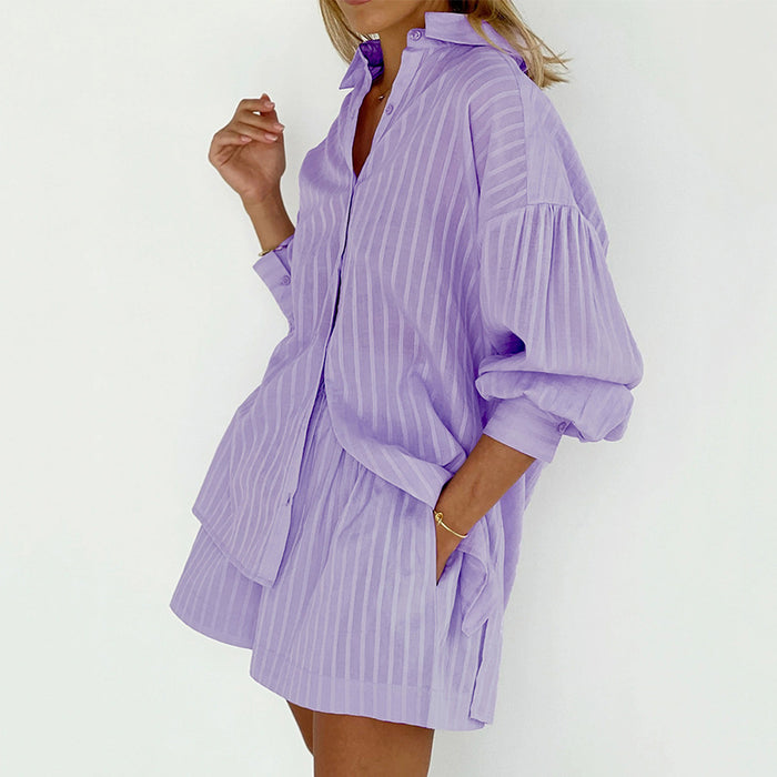 Color-Purple-Summer Women Clothing Shirt Jacquard Striped Puff Sleeve Shorts Office Design Casual Set-Fancey Boutique