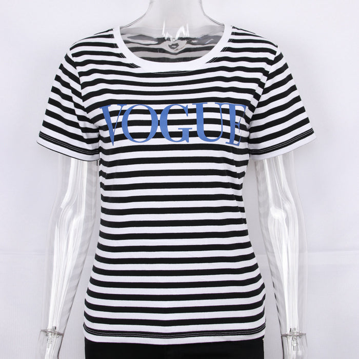 Spring Summer Printed Striped Cotton Short Sleeved T Shirt Women Soft Loose Top Vogue-Black-Fancey Boutique