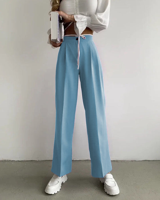 Color-skyblue-Summer Women Clothing Solid Color Work Pant Elastic Waist Casual Trousers-Fancey Boutique