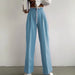 Color-skyblue-Summer Women Clothing Solid Color Work Pant Elastic Waist Casual Trousers-Fancey Boutique