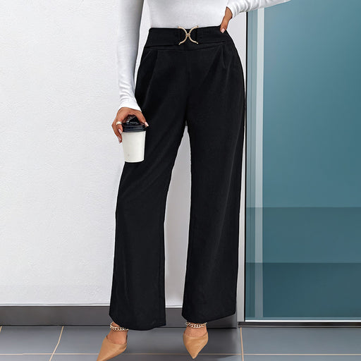 Fall Women Clothing Solid Color With Buckle High Waist Straight Pants-Fancey Boutique