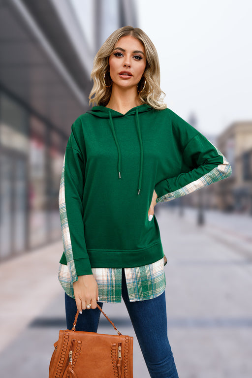 Color-Green-Autumn Winter Pullover Hooded Plaid Stitching Split Sweater Women-Fancey Boutique