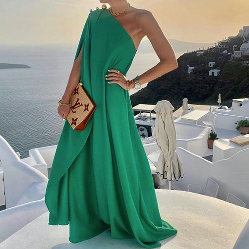 Color-Green-Summer Women Clothing Graceful Fashionable Solid Color French Loose One-Shoulder Maxi Dress-Fancey Boutique