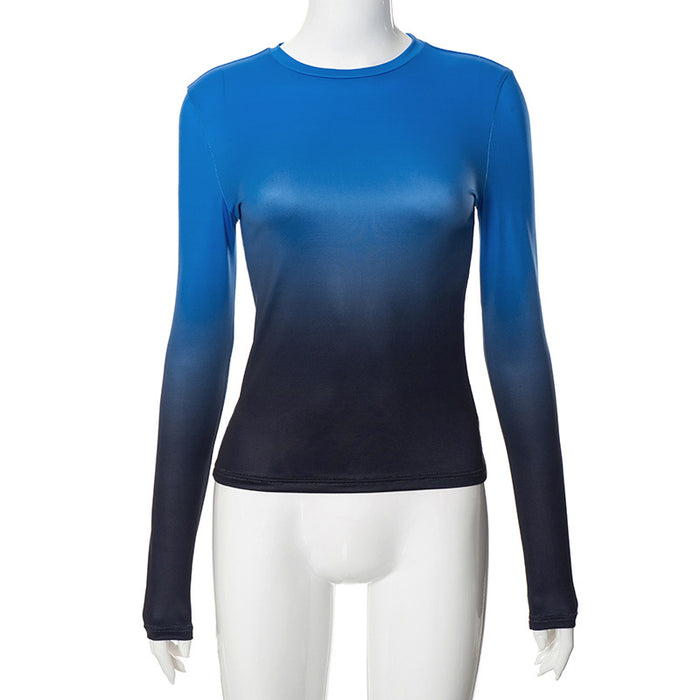 Color-Blue and black contrast color-Women Clothing Autumn Winter Gradient Color round Neck Long Sleeve Basic Top-Fancey Boutique